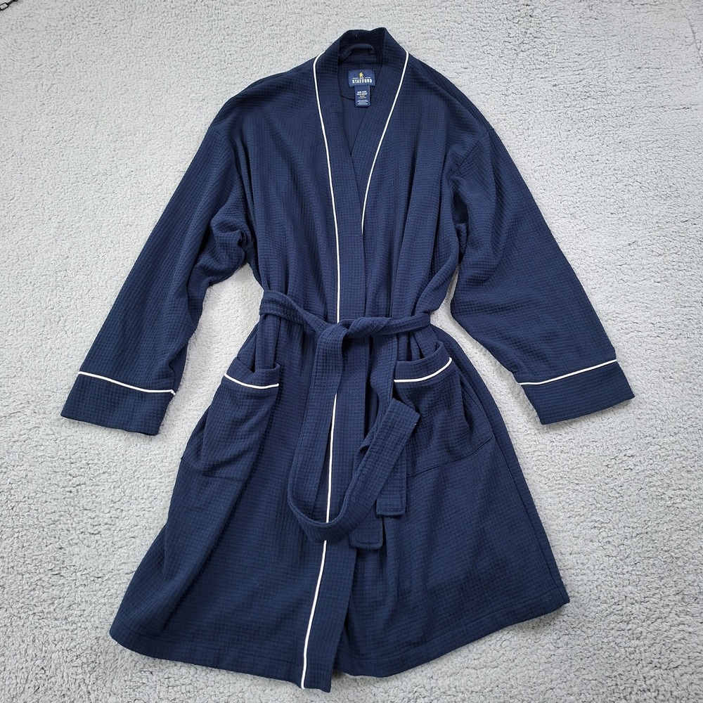 Vintage Stafford Sleep Robe Mens OS Regular Belted Grid Terry Navy Half Length